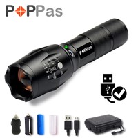 POPPAS Micro USB 1300LM CREE XML-T6 L2 Chips Flashlight LED Torch Zoomable Ultra Bright Handheld Water Resistant Torch 2400mAh