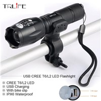 Newest USB 8000 Lumens Flashlight LED CREE XM-T6 L2 Front Torch Bicycle Light lamp with USB Charger+Bike Clip
