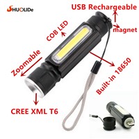 2017 New USB Rechargeable Zoomable CREE XmlT6+COB LED Flashlight  mini torch 18650 LED  Lamp  light