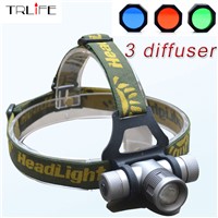 1200 Lumens 4 Color CREE Q5 LED Headlight Zoomable LED Head Light With Green / Red / Blue Diffuser for 18650 Battery