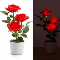 Solar Rose Flower Lights LED Light Artificial Rose Pot with 3 Lights Flower Bonsai LED Light Lamp for Home Garden Room (Red)