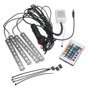 12V DC 9 SMD 10W 4Pcs 5050 Car Auto LED RGB Interior Floor Decorative Atmosphere Strips Pathway Deco Floor Light Remote Control