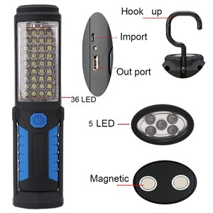 36+5 LED USB Flashlight Built In 3.7V 1200mAH Rechargeable Battery Super Bright Magnet Torch Light With Hook Stand