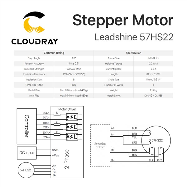 Leadshine 2 Phase Stepper Motor 57HS22 NEMA23 5.6A Length 81mm Shaft 8mm