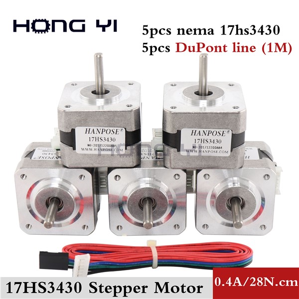 Free Shipping 5PCS 17HS3430 3D Printer Nema17 for 12VDC, 2800g. Cm, 34mm Length, 4-Lead, 42 Motor Stepper Motor with DuPont Line