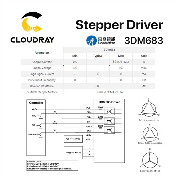 Cloudray Leadshine 3 Phase 3DM683 Stepper Motor Driver 20-60VDC 0.5-8.3A