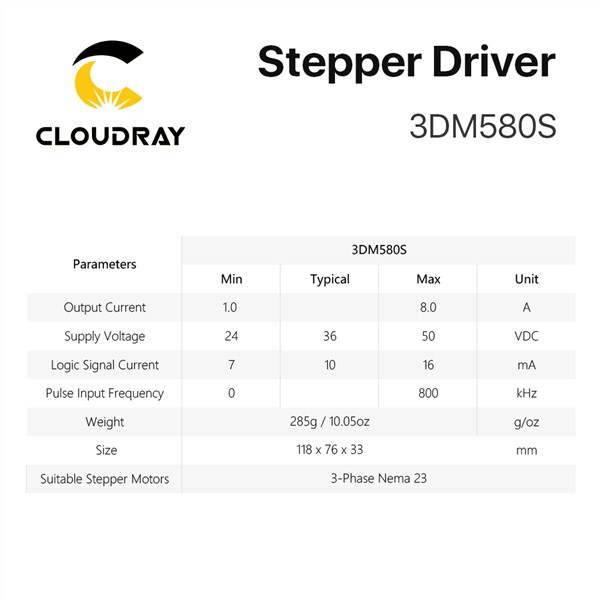 Cloudray 3 Phase 3DM580S Stepper Motor Driver Supply Voltage 24-50VDC Output 1.0-8.0A Current