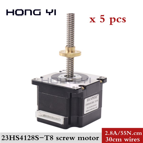 5pcs 23HS4128s-T8 310MM Screw Motor Laser & 3D Printer Nema 23 Screw Stepper Motor + Copper Nut Lead 2/4/8mm for CNC