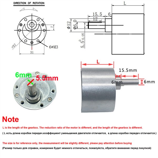 6V 12V 24V DC Motor Gearbox 37MM Diameter with Metal Gears Reversible Use for 550/520/3530/3428/545/540 DC Geared Motor