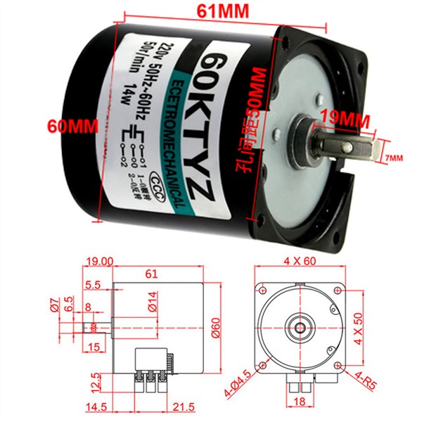 High Torque AC Permanent Magnet Synchronous Motor 220V 14W 60KTYZ Reversed CW/CCW Metal Geared Slow Speed Motor 2.5 To110RPM