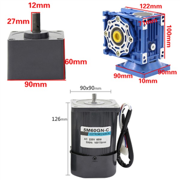 Micro Electric High Torque AC Worm Geared Motor 220V 60W 0.1 To 93RPM Low Speed Low Noise AC Motor Adjustable Speed & Reversed