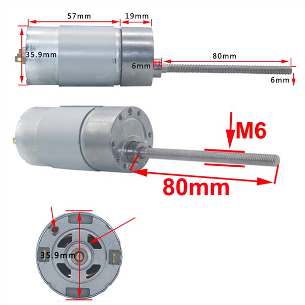 Long Threaded Shaft M6*80MM Electric DC Geared Motor 12V 24V High Torque in DC Motor Low 300/500/600RPM Adjustable Speed Reverse