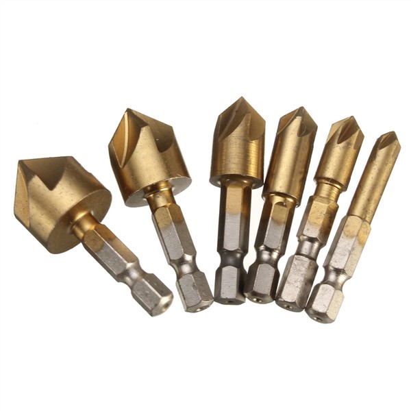 6PCS 5 Flute Chamfer Countersink 1/4" Hex Shank HSS 90 Degree Wood Chamfering Cutter Chamfer 6mm-19mm Countersink Drill Bit