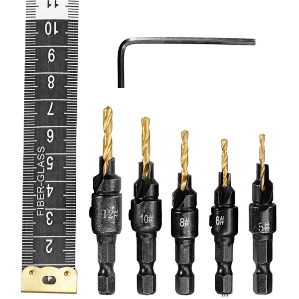 Vastar 5pcs Countersink Drill Woodworking Drill Bit Set Drilling Pilot Holes for Screw Sizes #5 #6 #8 #10 #12