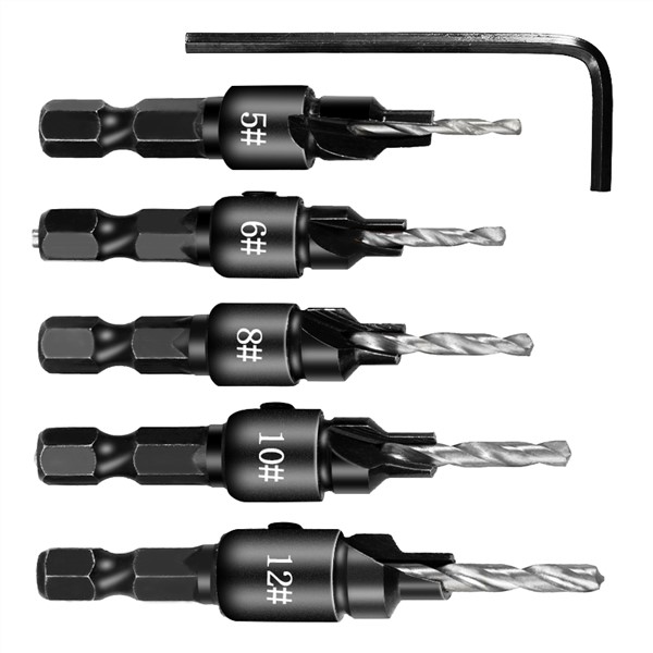 Vastar 5pcs Countersink Drill Woodworking Drill Bit Set Drilling Pilot Holes for Screw Sizes #5 #6 #8 #10 #12