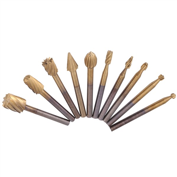 10pcs/Set Cutter HSS Titanium High Speed Steel Burrs Rotary Files Woodworking Carving Tool Set for Engraving Wood Rotary Tool