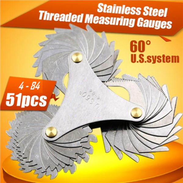 51 Blades Stainless Steel Centre 4-84 TPI Screw Pitch Gage Metric Standard Tooth Thread Gauge Measuring Tool Durable Integrated