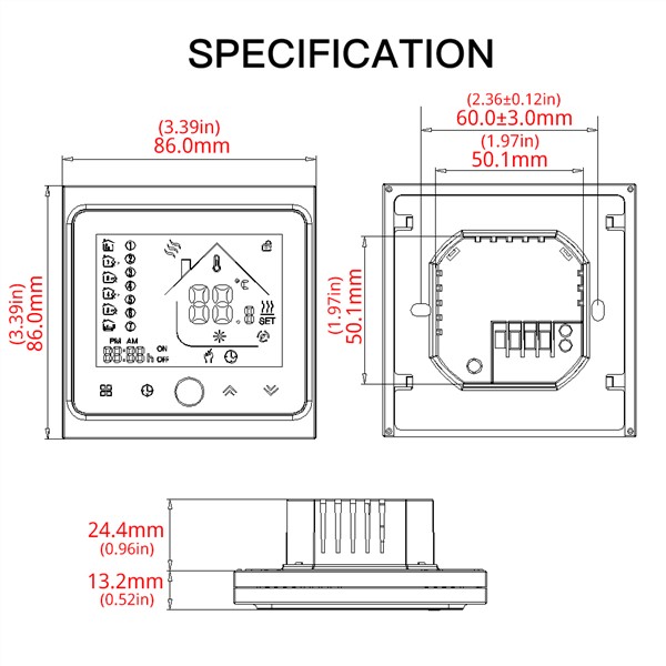 Thermostat Temperature Controller LCD Touch Screen Backlight for Electric Heating 16A Weekly Programmable