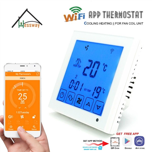 HESSWAY 4p APP WiFi Thermostat Fan Coil Room Temperature Controller Heating for Remote Control by Smartphone