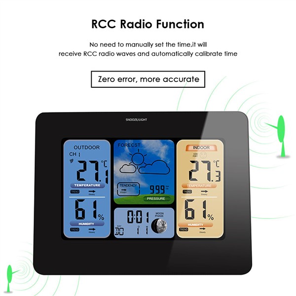 LCD Color Weather Station Sensor Digital Alarm Clock Thermometer Hygrometer Indoor Outdoor Home Wireless Weather Station EU Plug
