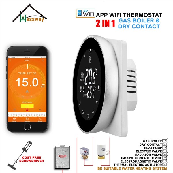 HESSWAY Aluminum Alloy 2 In 1 Dry Contact & Radiator THERMOSTAT WiFi Linkage Controller for Gas Boiler & Underfloor Warm System