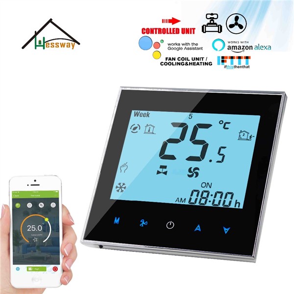 HESSWAY EU Mounting 2Pipe 4pipe Cooling Heating Digital Programmable Room Thermostat Switch for NC/NO Valve & 3 Speed Fan