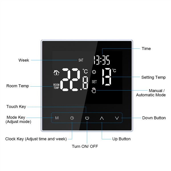 16A Smart Thermostat Digital Temperature Controller Weekly Circulation Programmable Electric Underfloor Heating Large LCD Screen