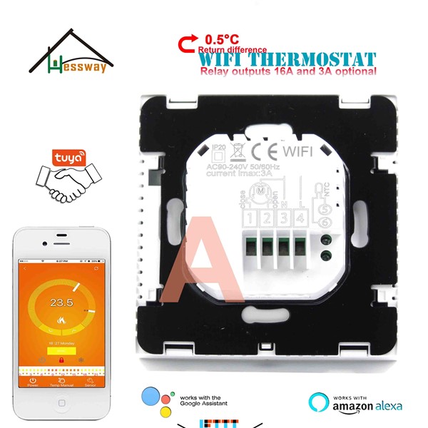HESSWAY 0.5°C Difference Google Home Control WiFi Room Thermostat for 16A 3A NO NC Dry Contact Relay