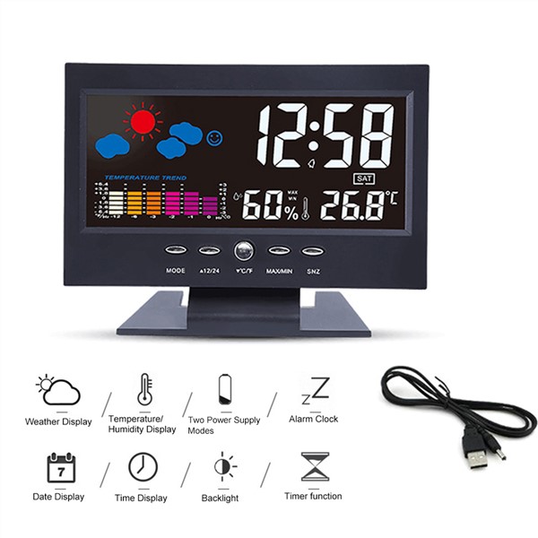 Alarm Clock Weather Station Backlight LCD Wireless Temperature Humidity Meter Snooze Functions Digital Clock