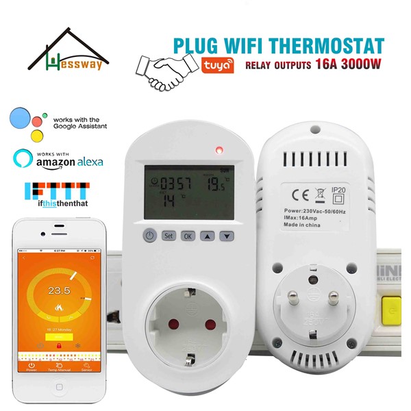 HESSWAY TUYA 16A Programmable WiFi Electric Heat Thermostat for EU Plug Socket