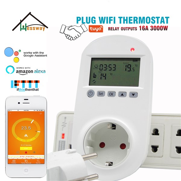 HESSWAY TUYA 16A Programmable WiFi Electric Heat Thermostat for EU Plug Socket