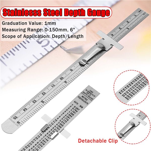 6" 0-150mm Stainless Steel Standard Rule Scale Depth Length Gauge Marking Measuring Tool With Detachable Clip Easy to Use/Carry