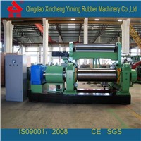 Rubber mixing mill with stock blender, two roll mixing mill