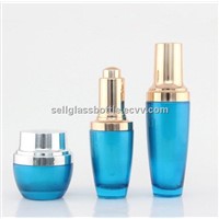 Lancome Blue Lotion Glass Bottle With Glass Cream Jar