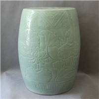 RYMA54 17.3inch Celadon hand carved lotus garden ceramic stools
