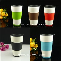 Single Wall Porcelain Cup with Silicone Sleeve & Plastic Lid