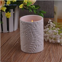 White Cermamic Candle Containers with engraved leaves, candle jars