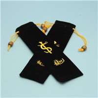 wholelsale black velvet string pouch with embroidery 3*18cm for pen