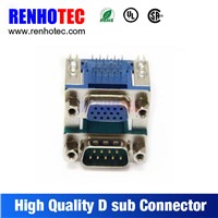 90 degree dual port DB 9P male to DB 9P female connectors PCB mount