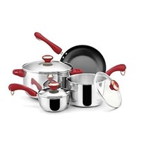 PAULA DEEN 7-PIECE STAINLESS STEEL COOKWARE SET POTS and PANS RED HANDLE NEW