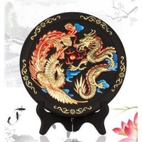 Handmade carved business gift dragon flying and phoenix dancing plate activated carbon carving craft