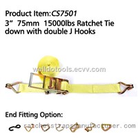 CS7501 3" 75mm 15000lbs Ratchet Tie down with double J Hooks