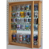Small Wall Mounted Curio Cabinet Shadow Box, Glass Door, Mirror Background, Solid Wood - Oak Finish