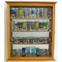 Tall Shot Glass Shooter Display Case, with Glass Door, Mirror Back, Oak Finish