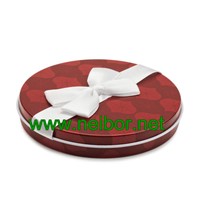 Round Shape Gift Card Tin Holder with Ribbon & Flocked Tray
