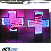 Waterproof Two Sides P10 RGB Full Color Programmable Scrolling Text Wiresless RF Communication LED Cross Phamacy Sign