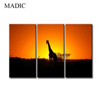 Canvas Art Home Decor 3 Panel Oil Painting of Giraffe African Landscape Canvas Prints for Living Room Decoration