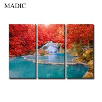 Wall Pictures 3 Panel Natural Scenery Oil Painting on Canvas Red Trees Waterfall Canvas Prints