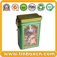Rectangle Tea Tin Box with Airtight Lid & Metal Mechanism, Tin Tea Caddy