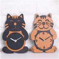 Creative Cute Cat Cartoon Design Wood Wall Quiet Clock